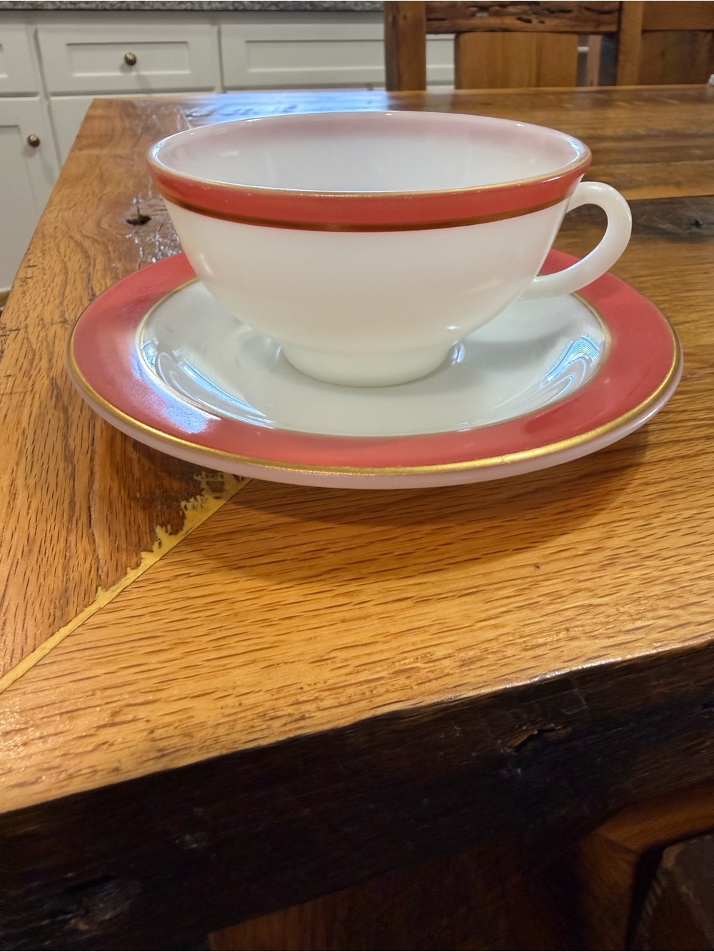 Vintage Pyrex Tea Cup and Saucer Flamingo Pink Coral Milk Glass c1950s MCM